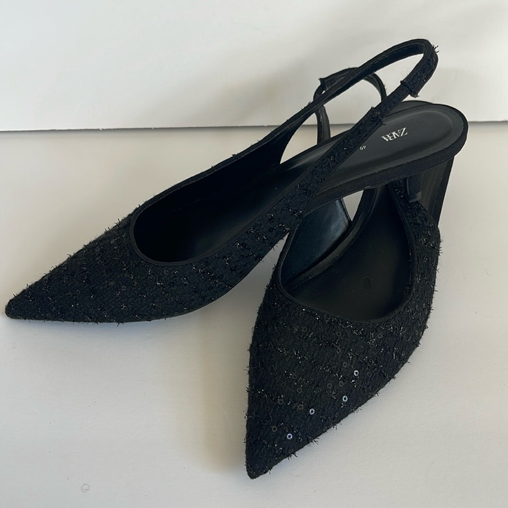 Zara Beautiful Black Tweed Size Euro 40 Slingback Low Heels - Picture 2 of 10